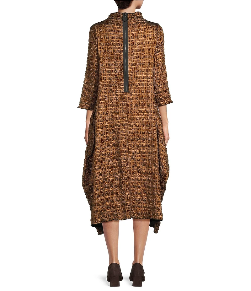 IC Collection Metallic Pucker Funnel Neck Long Sleeve Asymmetrical Dress