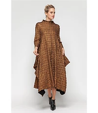 IC Collection Metallic Pucker Funnel Neck Long Sleeve Asymmetrical Dress