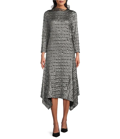 IC Collection Metallic Pucker Jacquard Organza Collar Long Sleeve Midi Dress