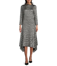 IC Collection Metallic Pucker Jacquard Organza Collar Long Sleeve Midi Dress