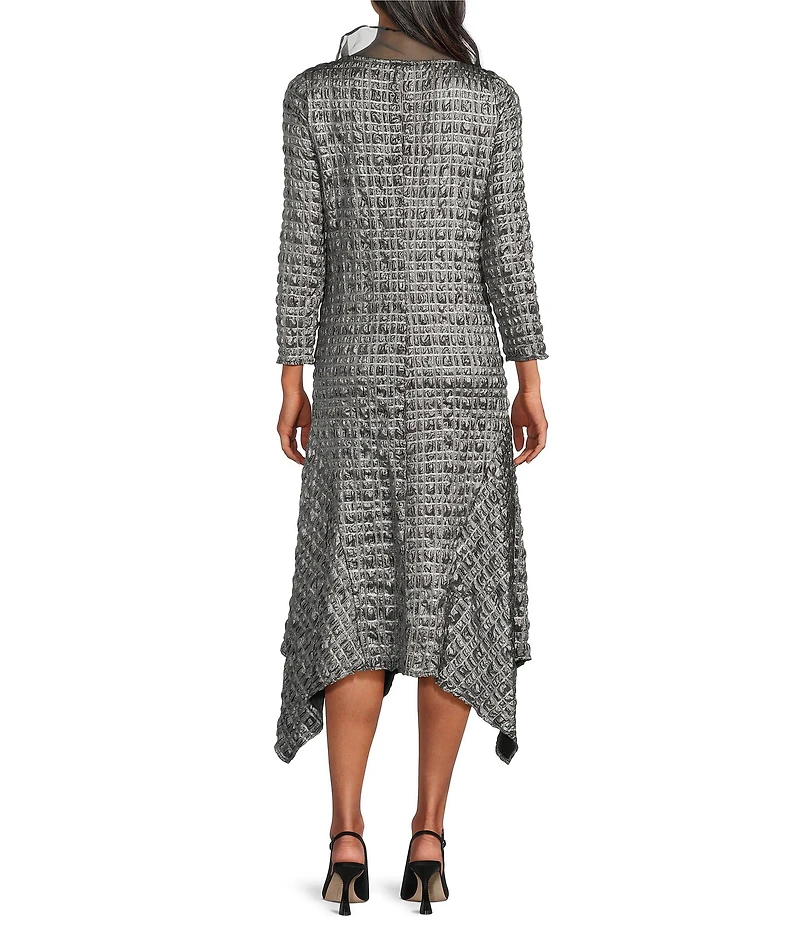 IC Collection Metallic Pucker Jacquard Organza Collar Long Sleeve Midi Dress