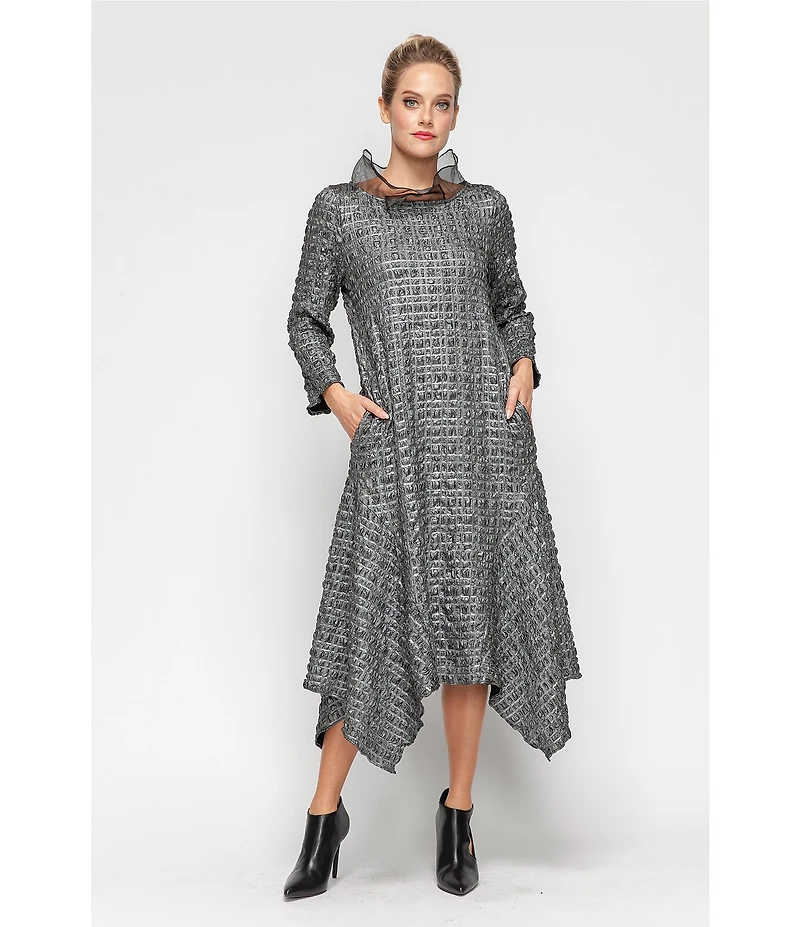 IC Collection Metallic Pucker Jacquard Organza Collar Long Sleeve Midi Dress