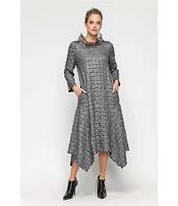 IC Collection Metallic Pucker Jacquard Organza Collar Long Sleeve Midi Dress