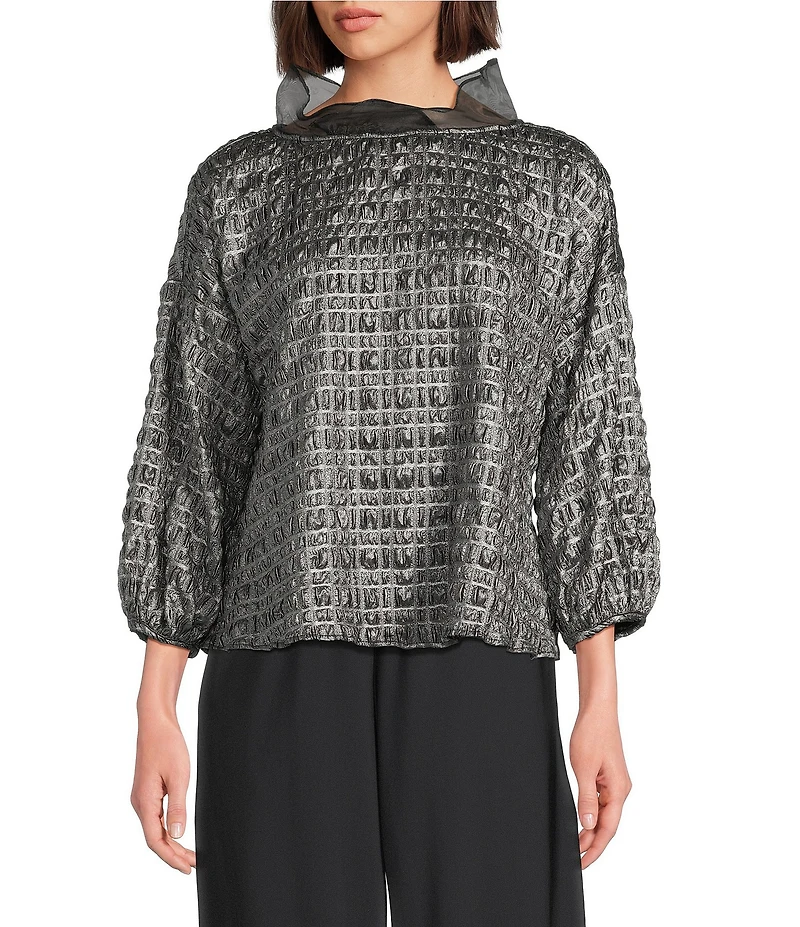 IC Collection Metallic Pucker Organza Collar 3/4 Bubble Sleeve Top