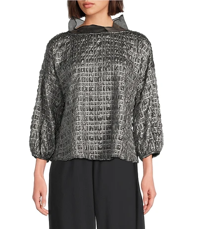 IC Collection Metallic Pucker Organza Collar 3/4 Bubble Sleeve Top