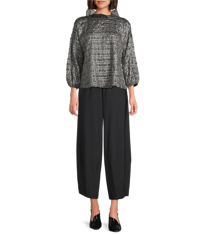 IC Collection Metallic Pucker Organza Collar 3/4 Bubble Sleeve Top