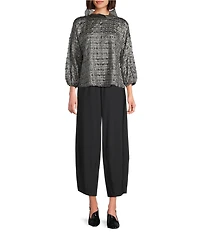 IC Collection Metallic Pucker Organza Collar 3/4 Bubble Sleeve Top