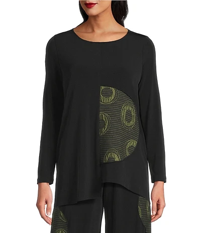 IC Collection Moon Dot Coordinating Jacquard Knit Scoop Neck Long Sleeve Asymmetrical Top