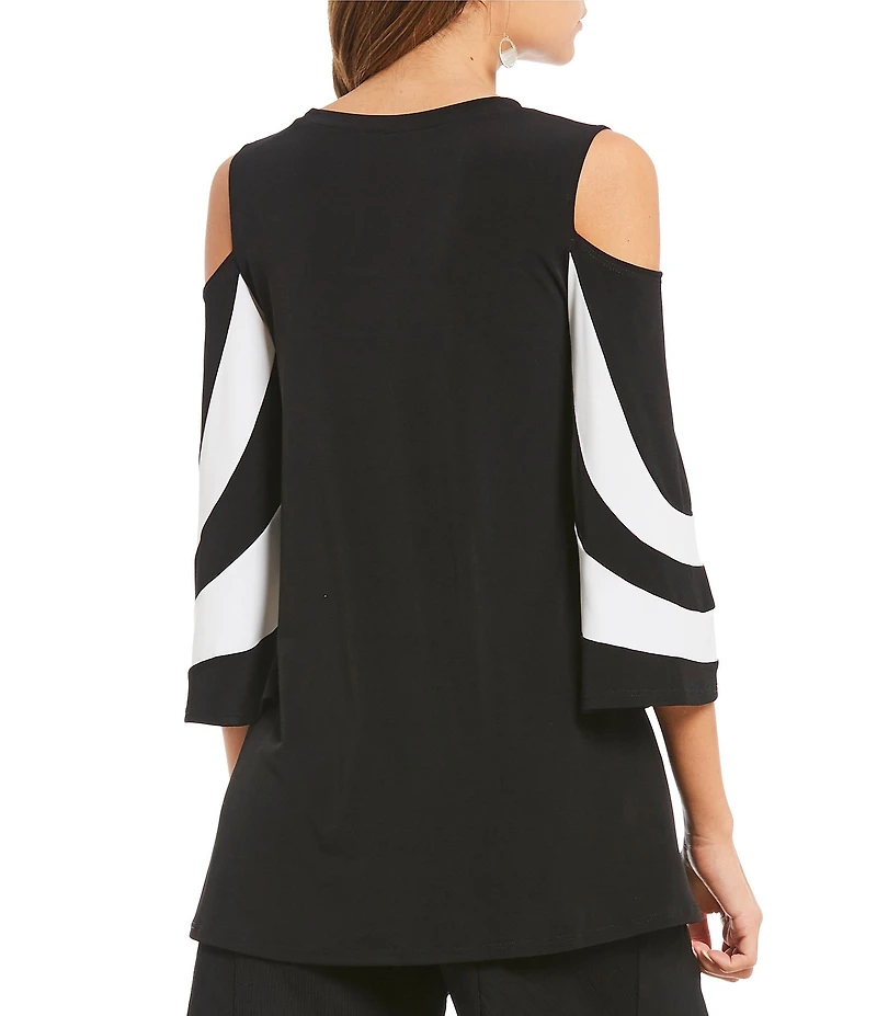 IC Collection Crew Neck Cold Shoulder 3/4 Sleeve Trim Top