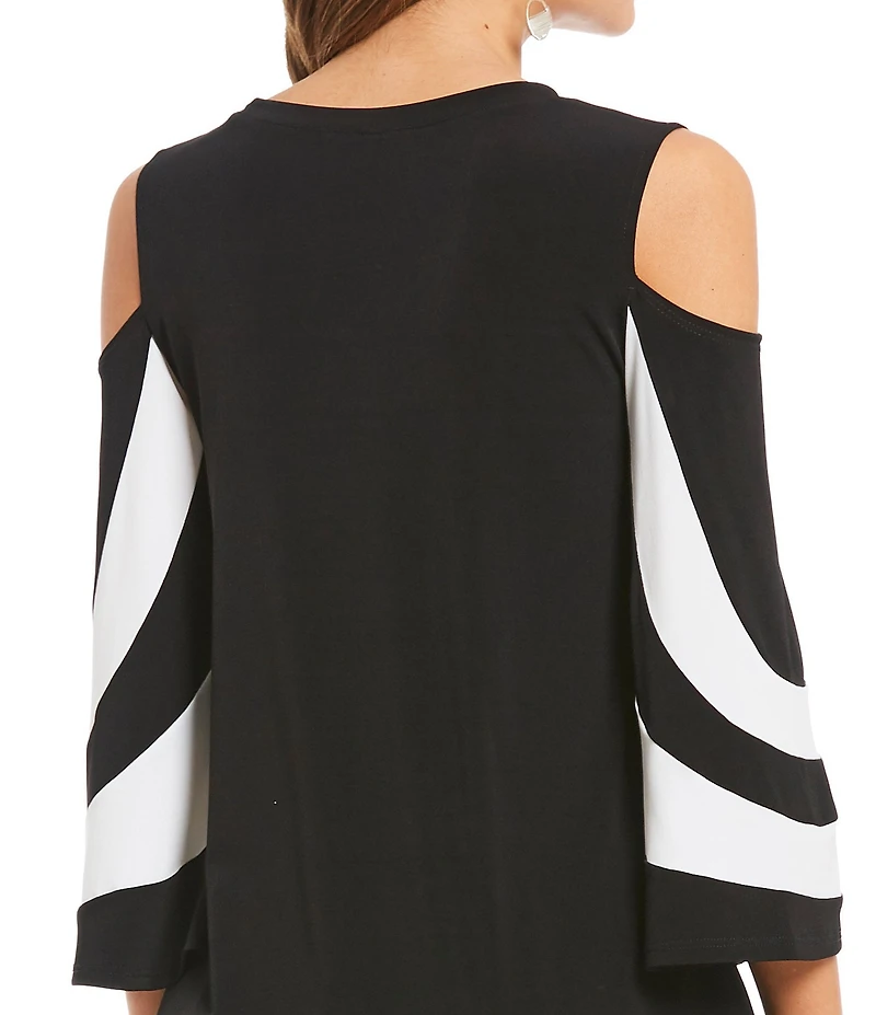 IC Collection Crew Neck Cold Shoulder 3/4 Sleeve Trim Top