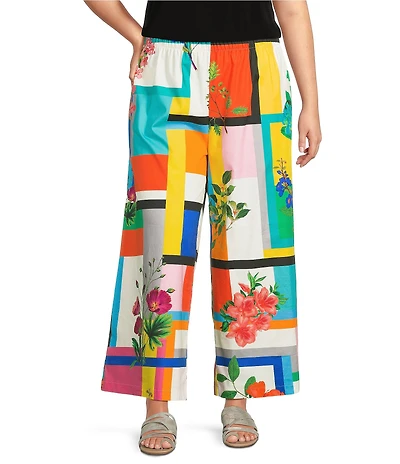 IC Collection Plus Color Block Floral Print Elastic Waist Wide Leg Ankle Pants
