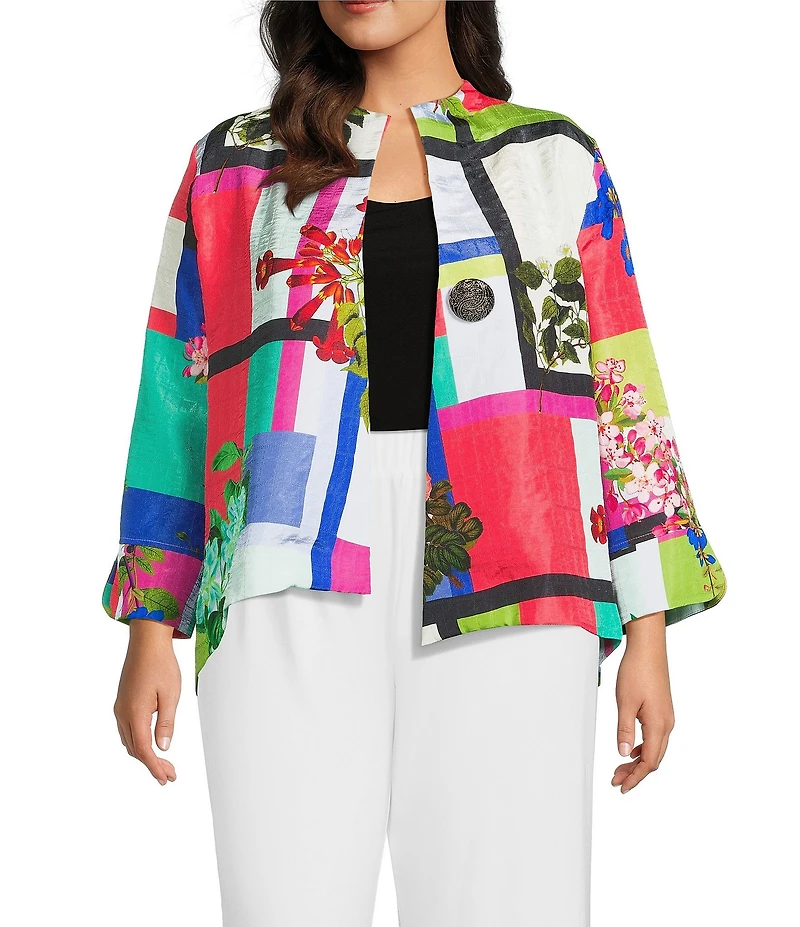 IC Collection Plus Color Block Floral Print Stand Collar Bracelet Sleeve Jacket