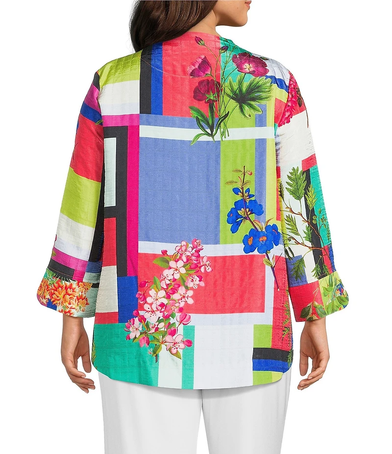 IC Collection Plus Color Block Floral Print Stand Collar Bracelet Sleeve Jacket