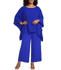 IC Collection Plus Crinkle Boat Neck Elbow Sleeve Poncho Top