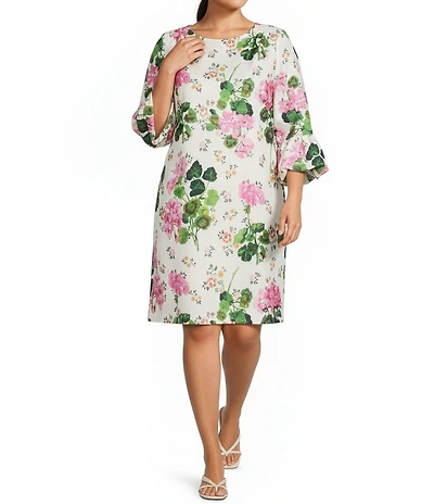 IC Collection Plus Floral Print Round Neck 3/4 Bubble Sleeve Shift Midi Dress