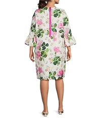IC Collection Plus Floral Print Round Neck 3/4 Bubble Sleeve Shift Midi Dress