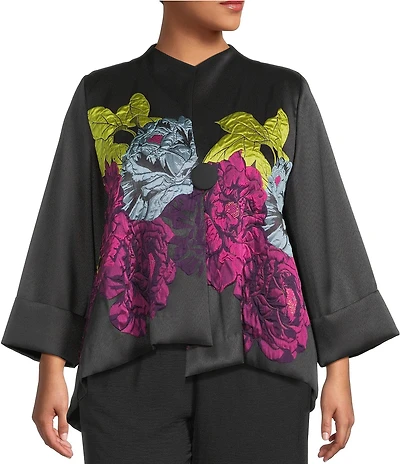 IC Collection Plus Jacquard Bloom Stand Collar Bracelet Sleeve Asymmetrical Jacket