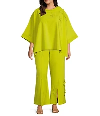 IC Collection Plus Knit Fold Funnel Neck Elbow Sleeve Floral Applique Tunic