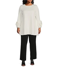 IC Collection Plus Knit Round Neck Long Sleeves Rosette Cuff Tunic