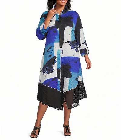 IC Collection Plus Size Pucker Mesh Abstract Print Stand Wire Collar 3/4 Sleeve Asymmetrical Zip Dress