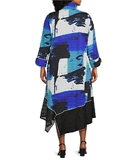 IC Collection Plus Size Pucker Mesh Abstract Print Stand Wire Collar 3/4 Sleeve Asymmetrical Zip Dress
