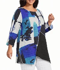 IC Collection Plus Pucker Mesh Abstratc Print Scoop Neck Bracelet Sleeve Tunic