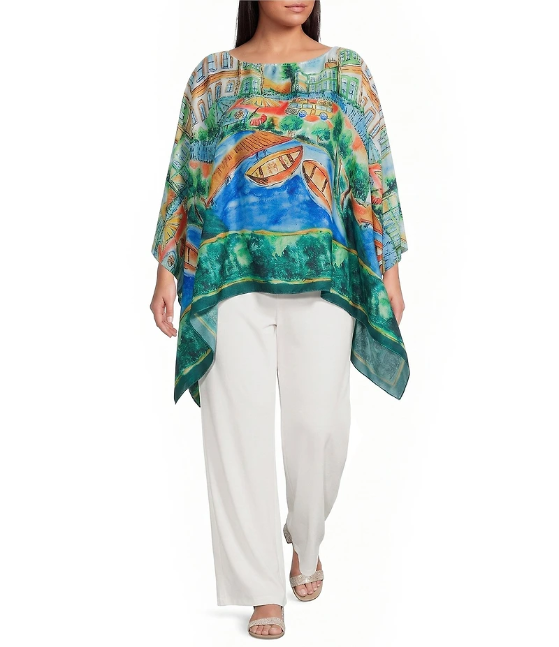 IC Collection Plus Scenic Print Boat Neck 3/4 Sleeve Poncho Top