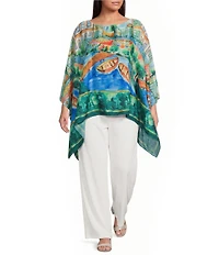 IC Collection Plus Scenic Print Boat Neck 3/4 Sleeve Poncho Top