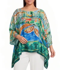 IC Collection Plus Scenic Print Boat Neck 3/4 Sleeve Poncho Top