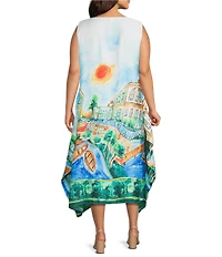 IC Collection Plus Scenic Print Square Neck Sleeveless Dress
