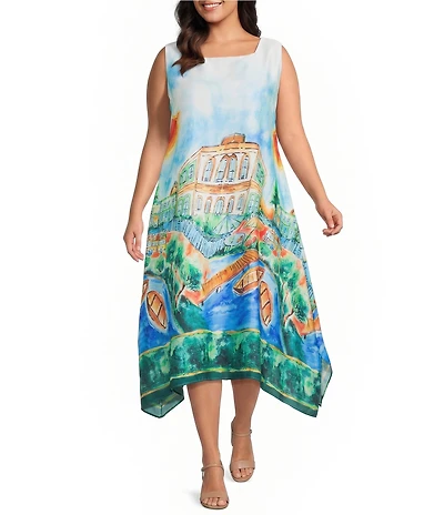IC Collection Plus Scenic Print Square Neck Sleeveless Dress