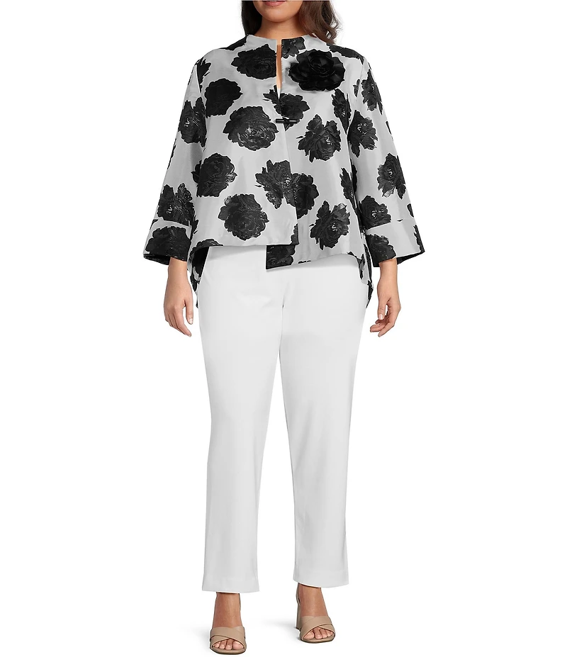 IC Collection Plus Size Black Rosette Printed High Round Collar Bracelet Length Sleeve Asymmetric One-Button Jacquard Jacket