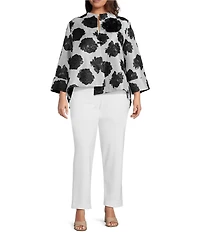 IC Collection Plus Size Black Rosette Printed High Round Collar Bracelet Length Sleeve Asymmetric One-Button Jacquard Jacket