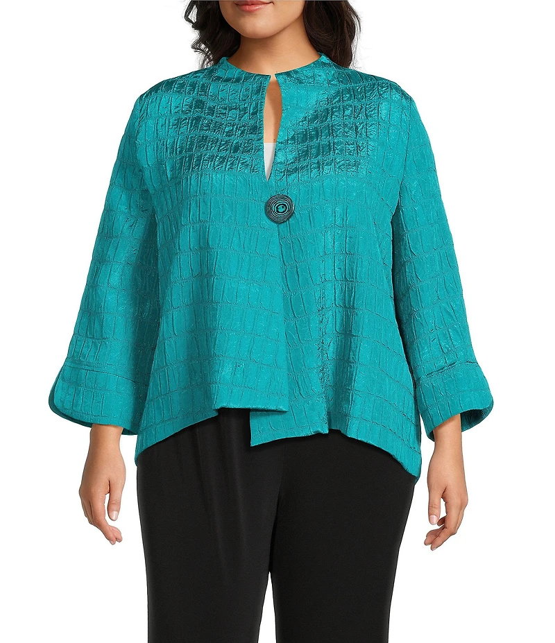 IC Collection Plus Size Crinkle Woven High Neck Bracelet Sleeve Asymmetrical Jacket
