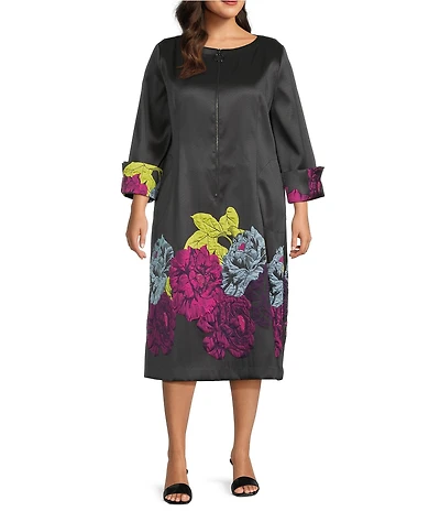 IC Collection Plus Size Jacquard Bloom Round Neck Bracelet Sleeve Zip Front Midi Dress