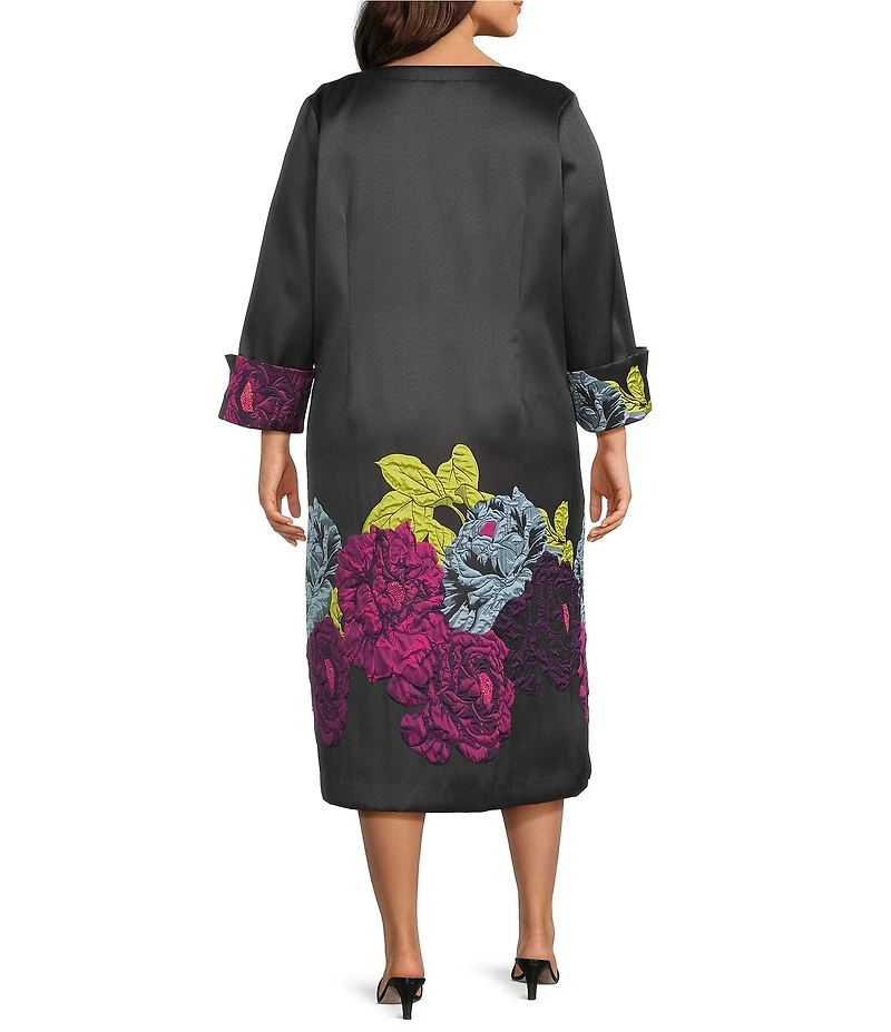 IC Collection Plus Size Jacquard Bloom Round Neck Bracelet Sleeve Zip Front Midi Dress