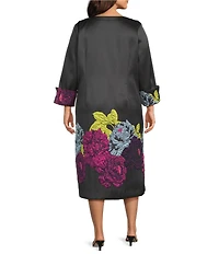 IC Collection Plus Size Jacquard Bloom Round Neck Bracelet Sleeve Zip Front Midi Dress