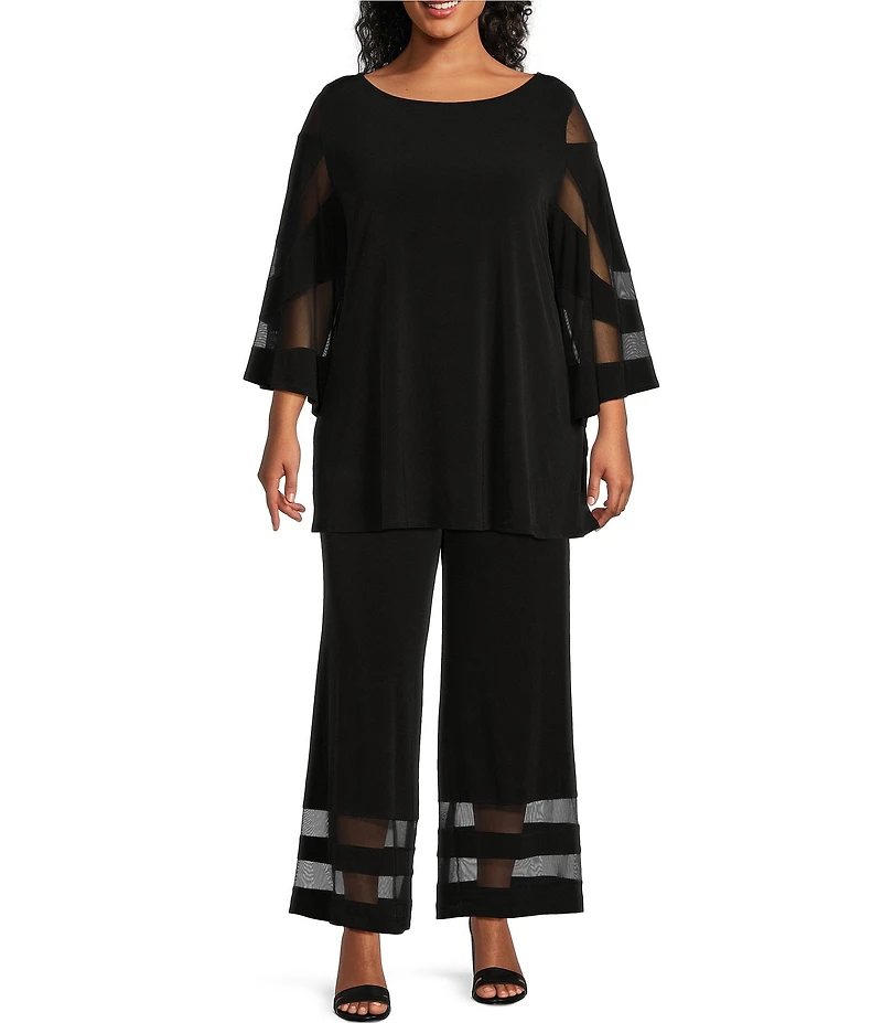 IC Collection Plus Size Knit Boat Neck 3/4 Mesh Cut Out Sleeve Tunic