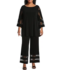 IC Collection Plus Size Knit Boat Neck 3/4 Mesh Cut Out Sleeve Tunic