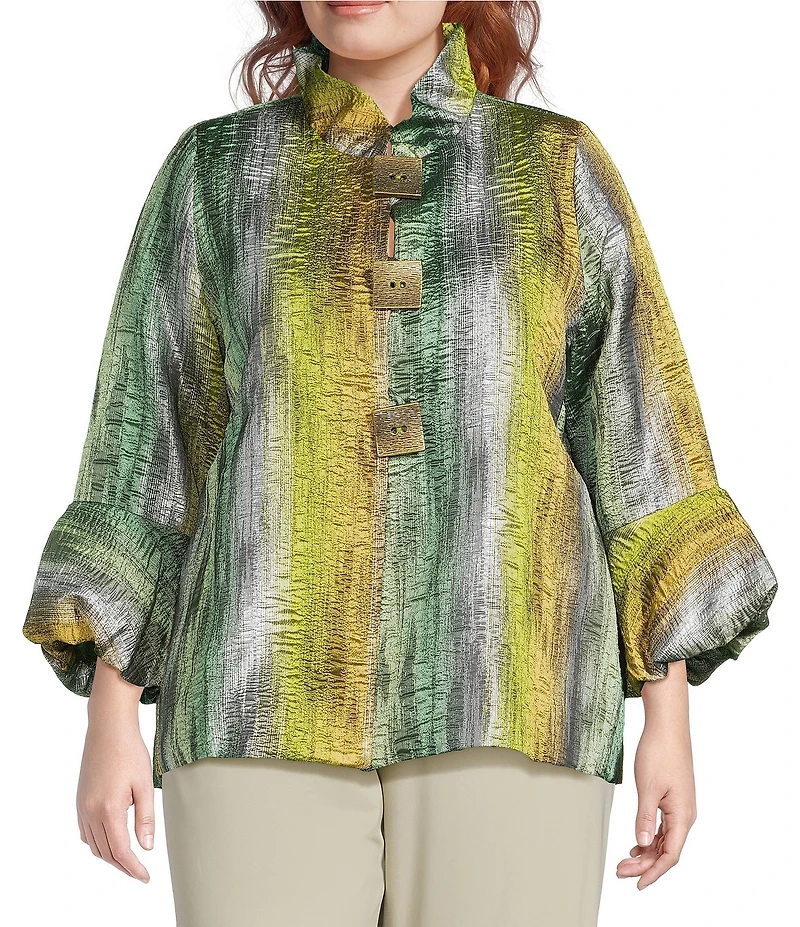 IC Collection Plus Size Metallic Gradien Stand Ruffle Neck Bracelet Puff Sleeve Jacket