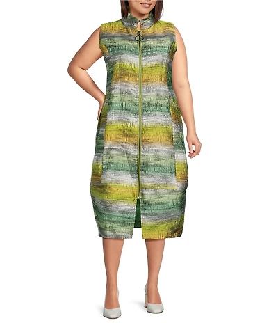 IC Collection Plus Size Metallic Graiden Ruffle Stand Collar Sleeveless Zip Front Bubble Midi Dress