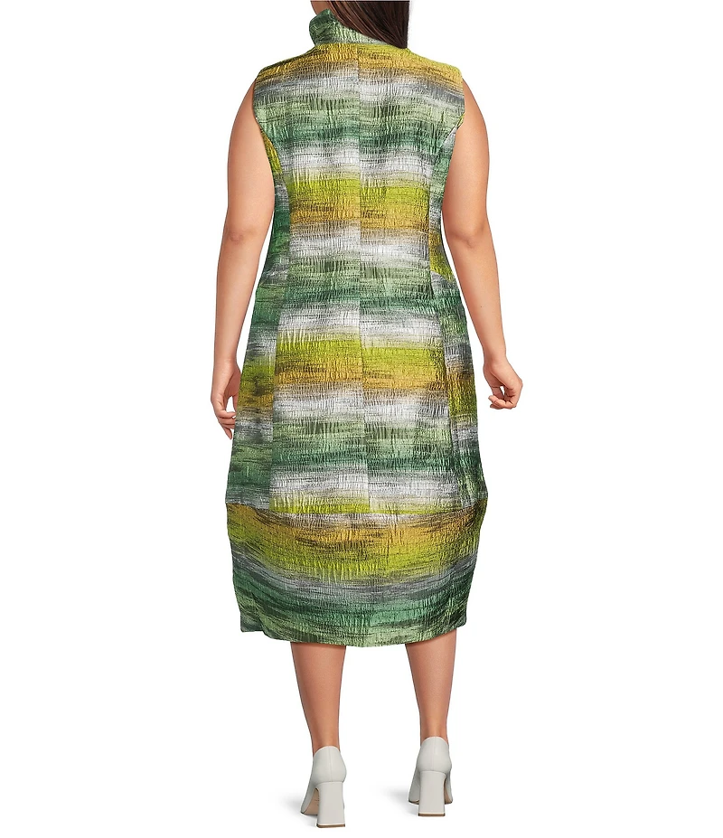 IC Collection Plus Size Metallic Graiden Ruffle Stand Collar Sleeveless Zip Front Bubble Midi Dress