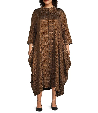 IC Collection Plus Size Metallic Pucker Funnel Neck Long Sleeve Asymmetrical Midi Dress