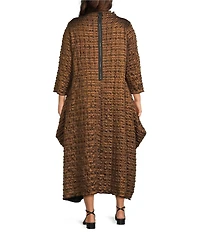 IC Collection Plus Size Metallic Pucker Funnel Neck Long Sleeve Asymmetrical Midi Dress