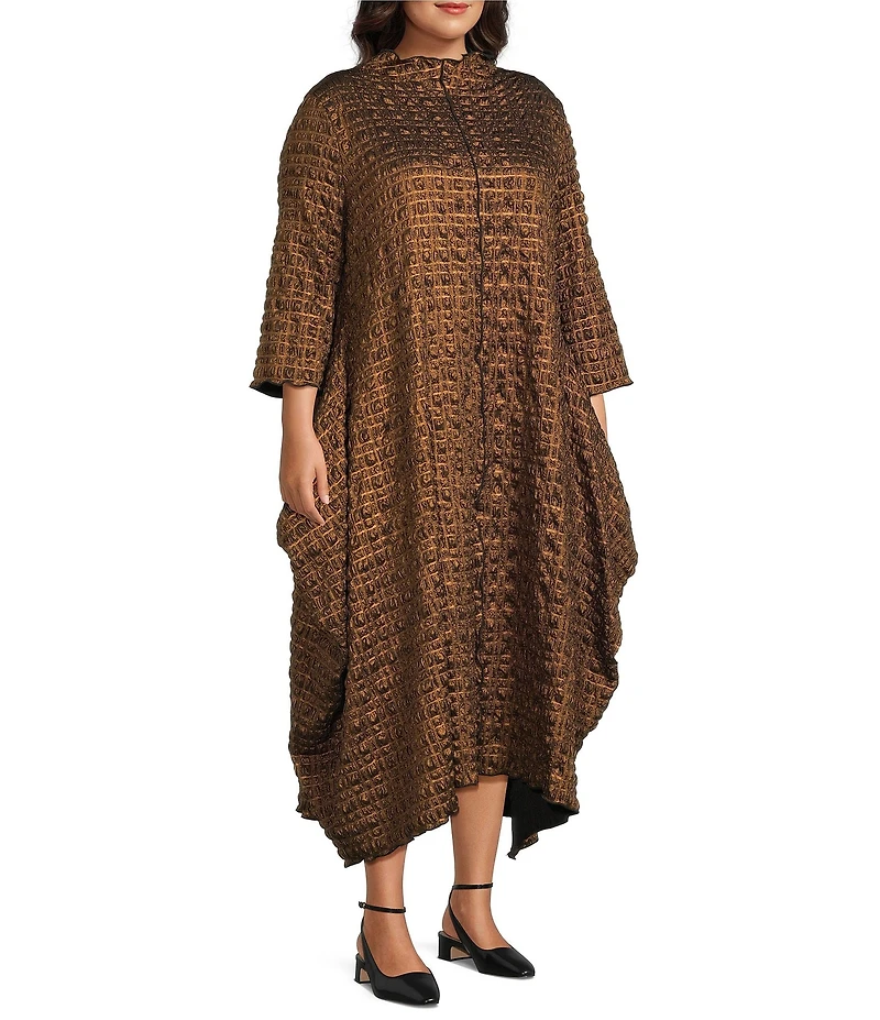 IC Collection Plus Size Metallic Pucker Funnel Neck Long Sleeve Asymmetrical Midi Dress
