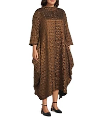 IC Collection Plus Size Metallic Pucker Funnel Neck Long Sleeve Asymmetrical Midi Dress