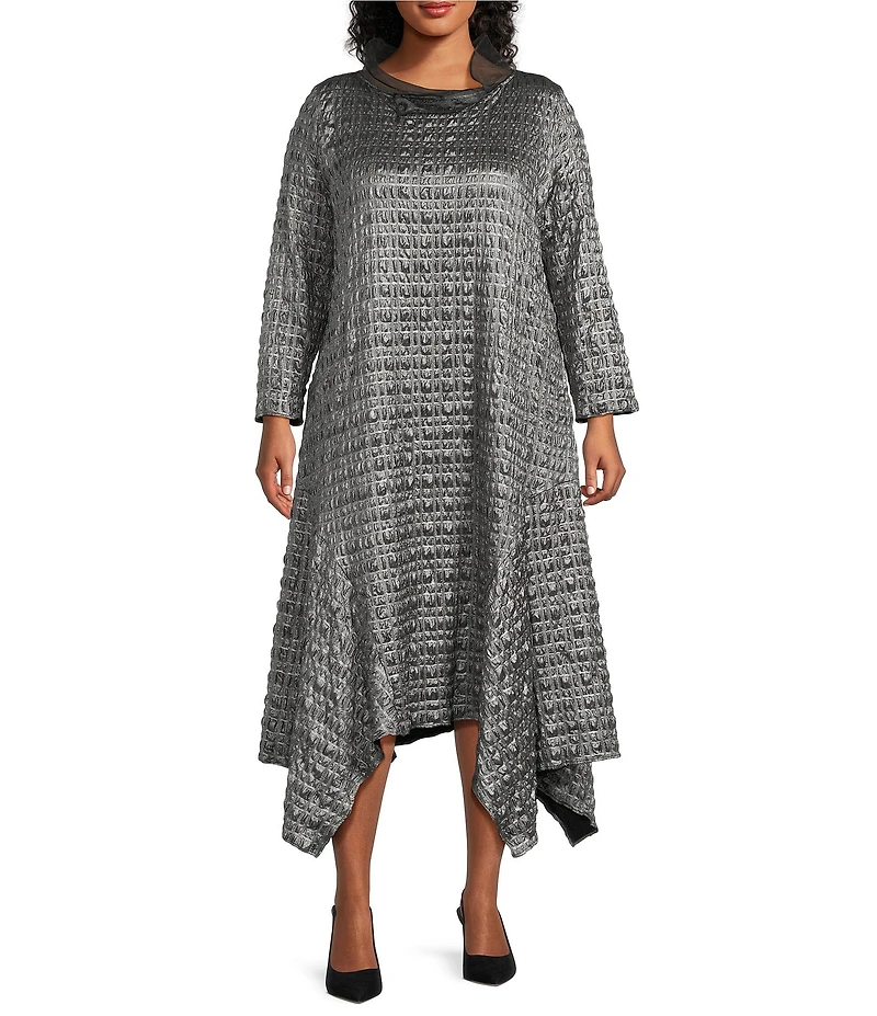 IC Collection Plus Size Metallic Pucker Jacquard Organza Collar Long Sleeve Midi Dress