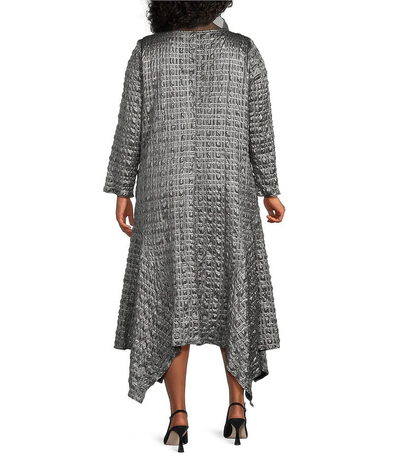 IC Collection Plus Size Metallic Pucker Jacquard Organza Collar Long Sleeve Midi Dress