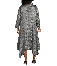 IC Collection Plus Size Metallic Pucker Jacquard Organza Collar Long Sleeve Midi Dress