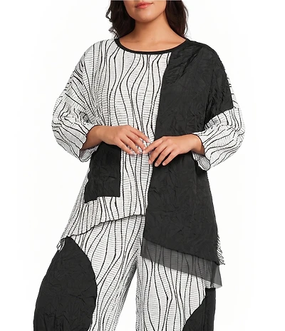 IC Collection Plus Size Textured Woven Colorblock Wave Stripe Boat Neck 3/4 Sleeve Coordinating Tunic